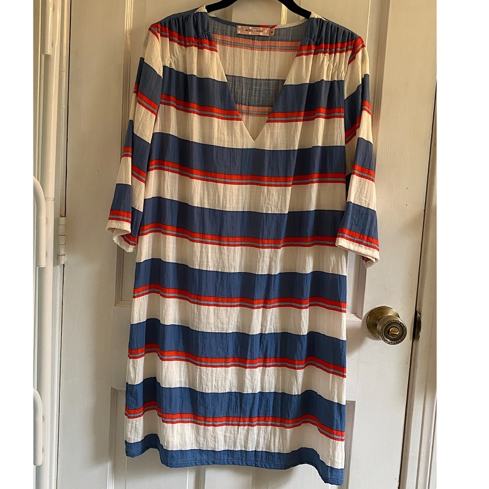 Traffic People Cotton Linen Striped 3/4 Sleeve V-Neck Shift Dress